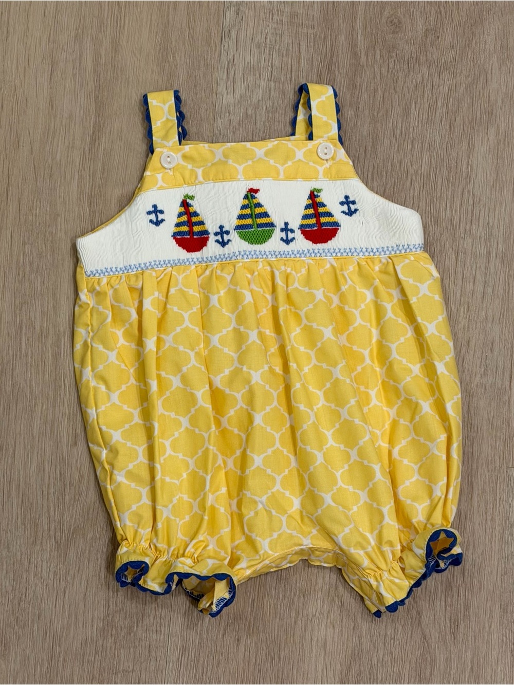 Vintage Silly Goose Hand Smocked Sailboat Yellow Baby Romper | 6M
